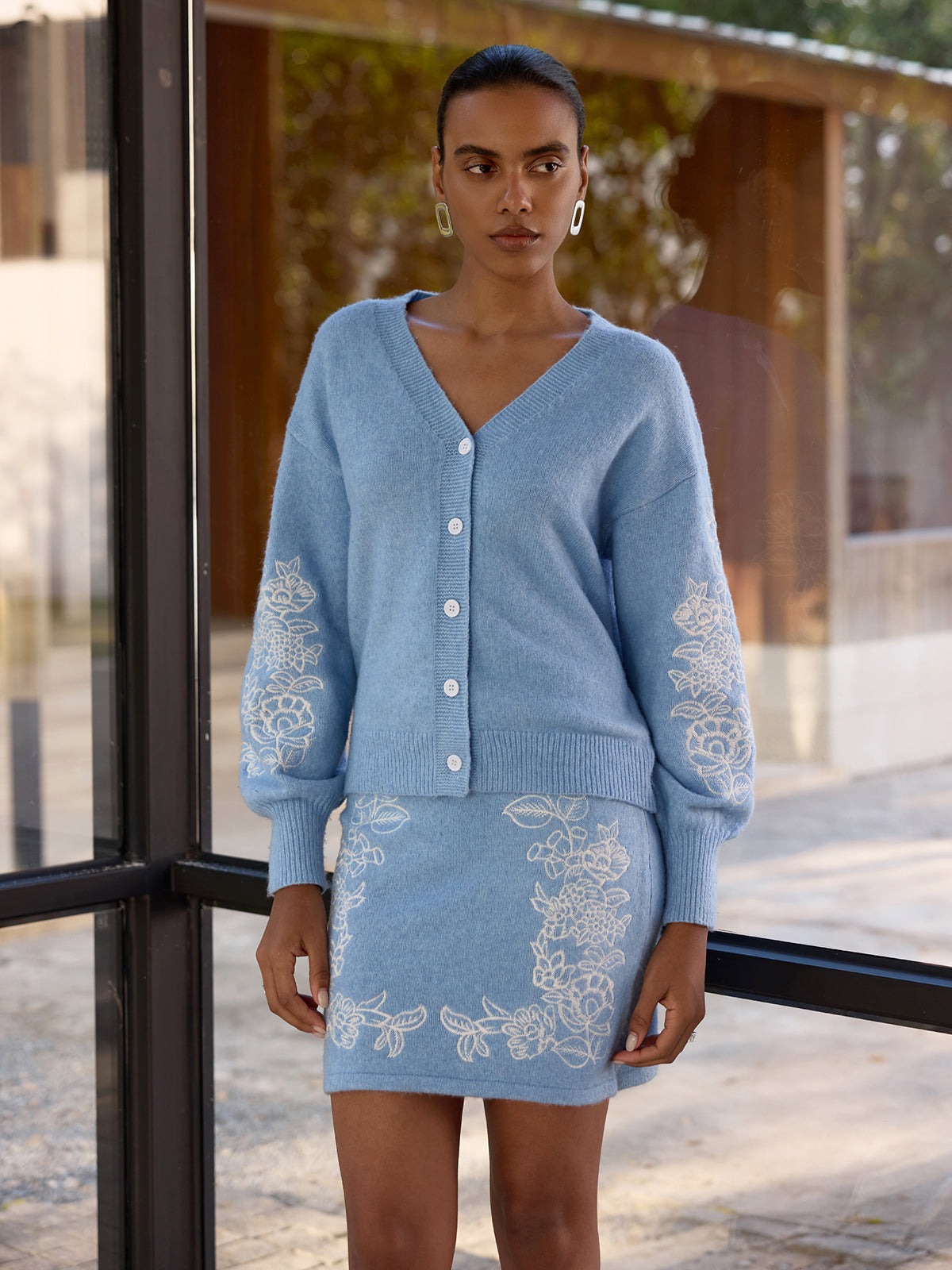 Floral-Embroidered Knit Cardigan & Mini Skirt Set for Women's Fashion