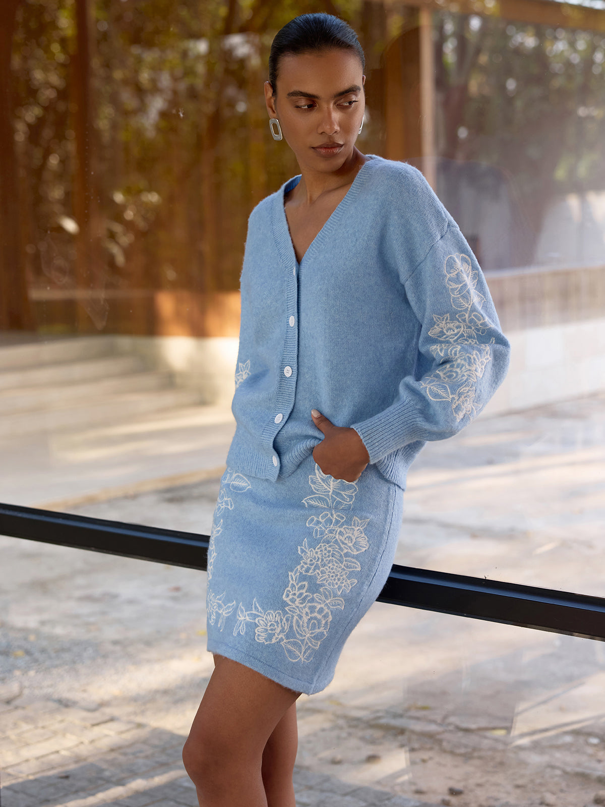Floral-Embroidered Knit Cardigan & Mini Skirt Set for Women's Fashion