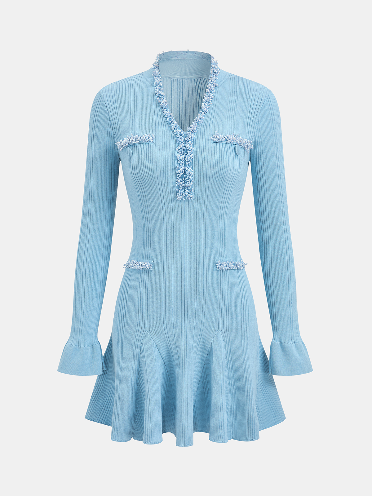 Ruffled Hem Pearl Trim Sleeveless Knit Mini Dress for Women