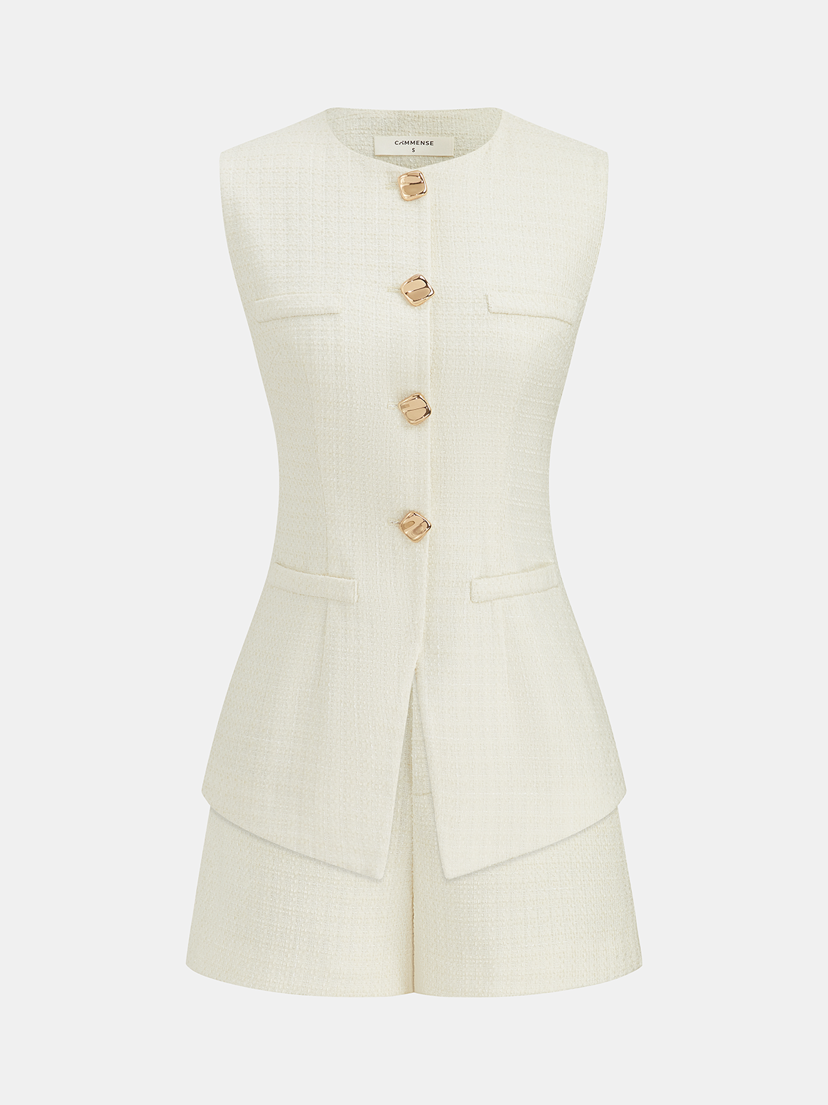 Metal Button Tweed Vest & Shorts Set with Elegant Chic Design