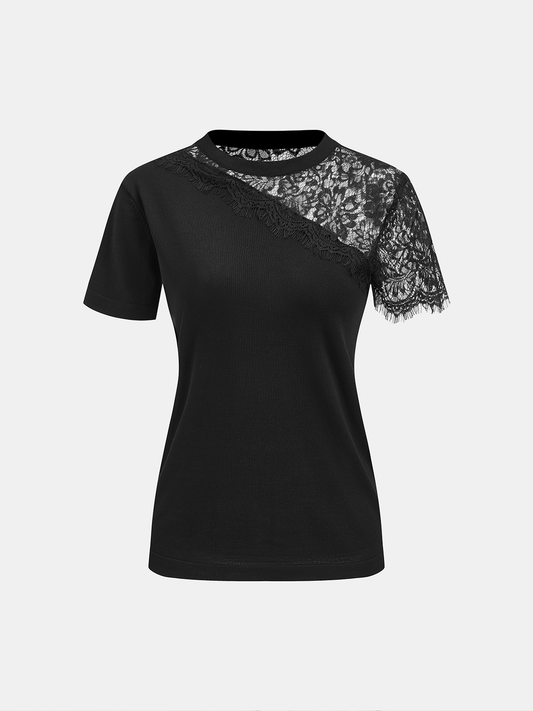 Asymmetric Lace Panel Short-Sleeve Fashion Top for Women