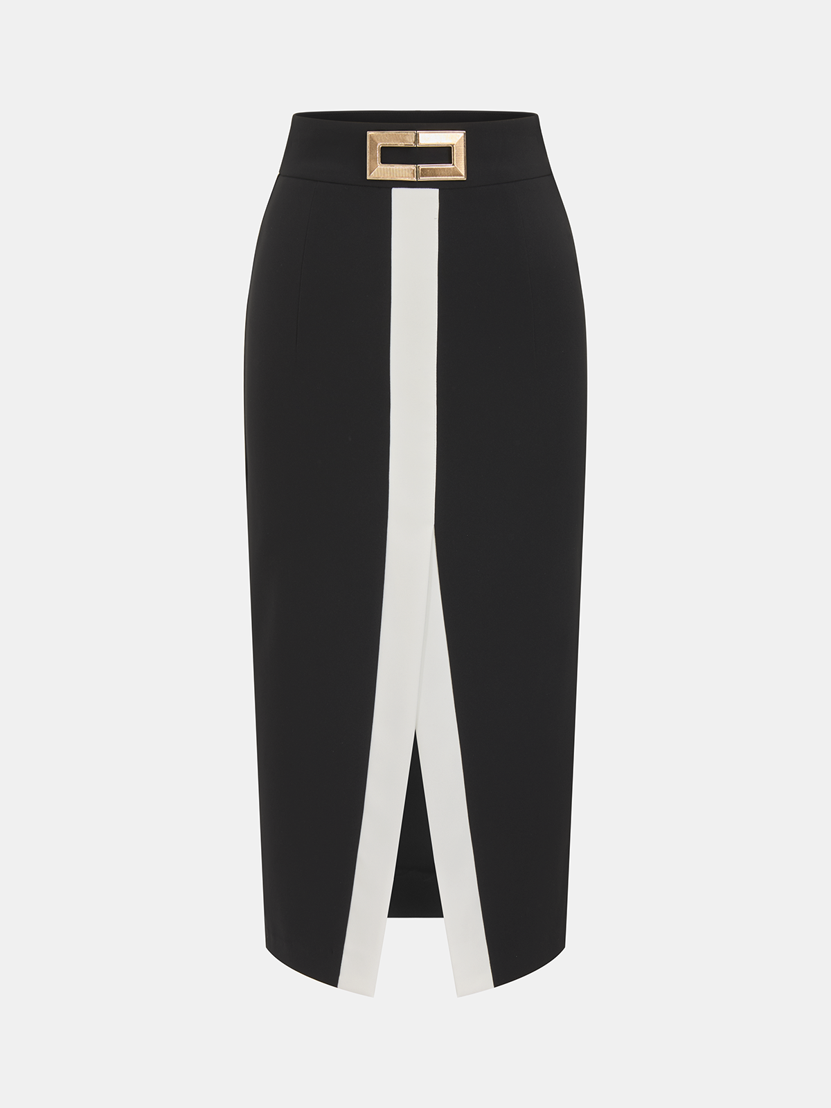 Color Block Metal Detail Midi Skirt with Elegant Pleats and A-Line Fit