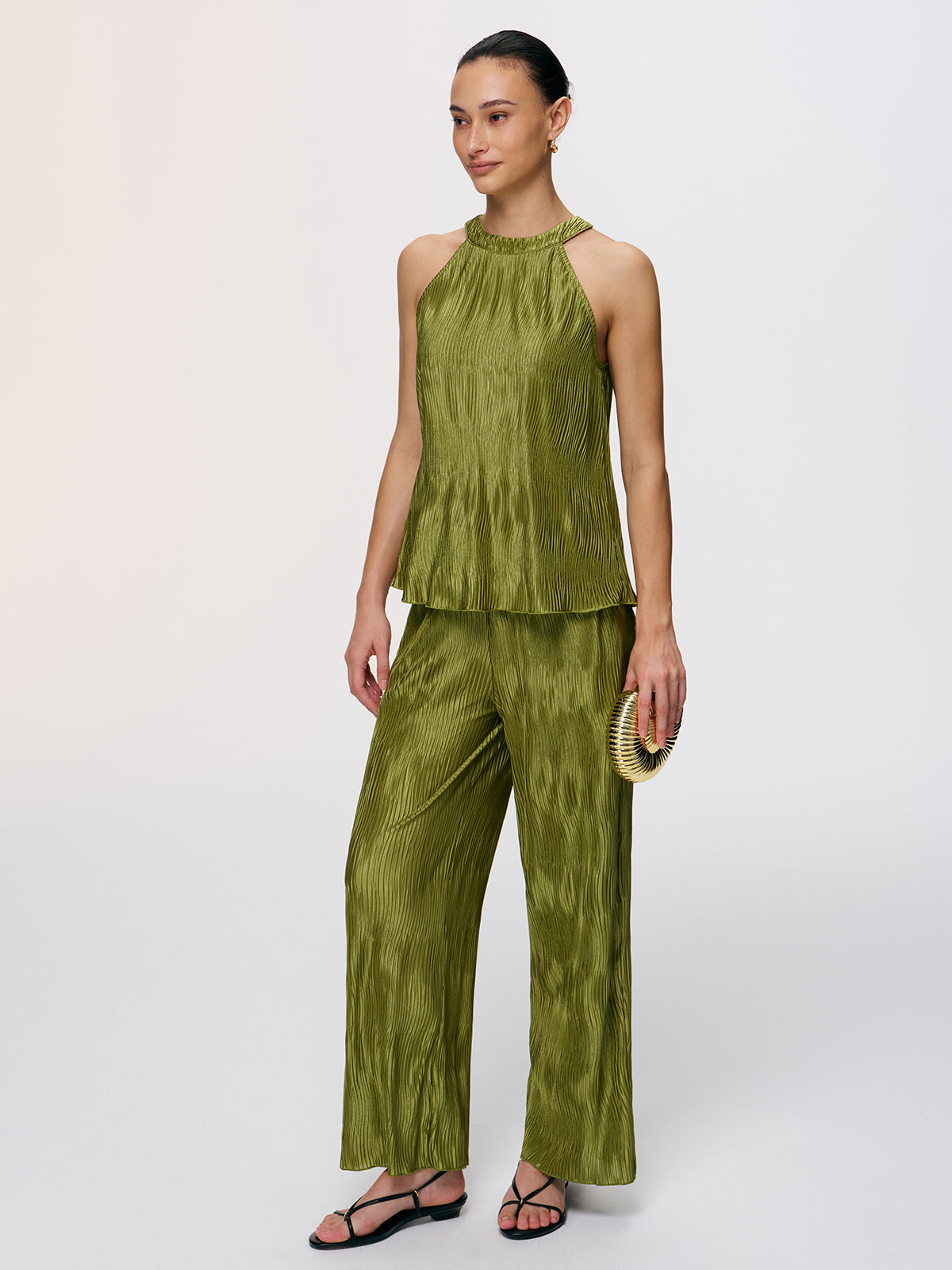 Vertical Pleated Halter Top & Pants Set for Women Elegant Partywear