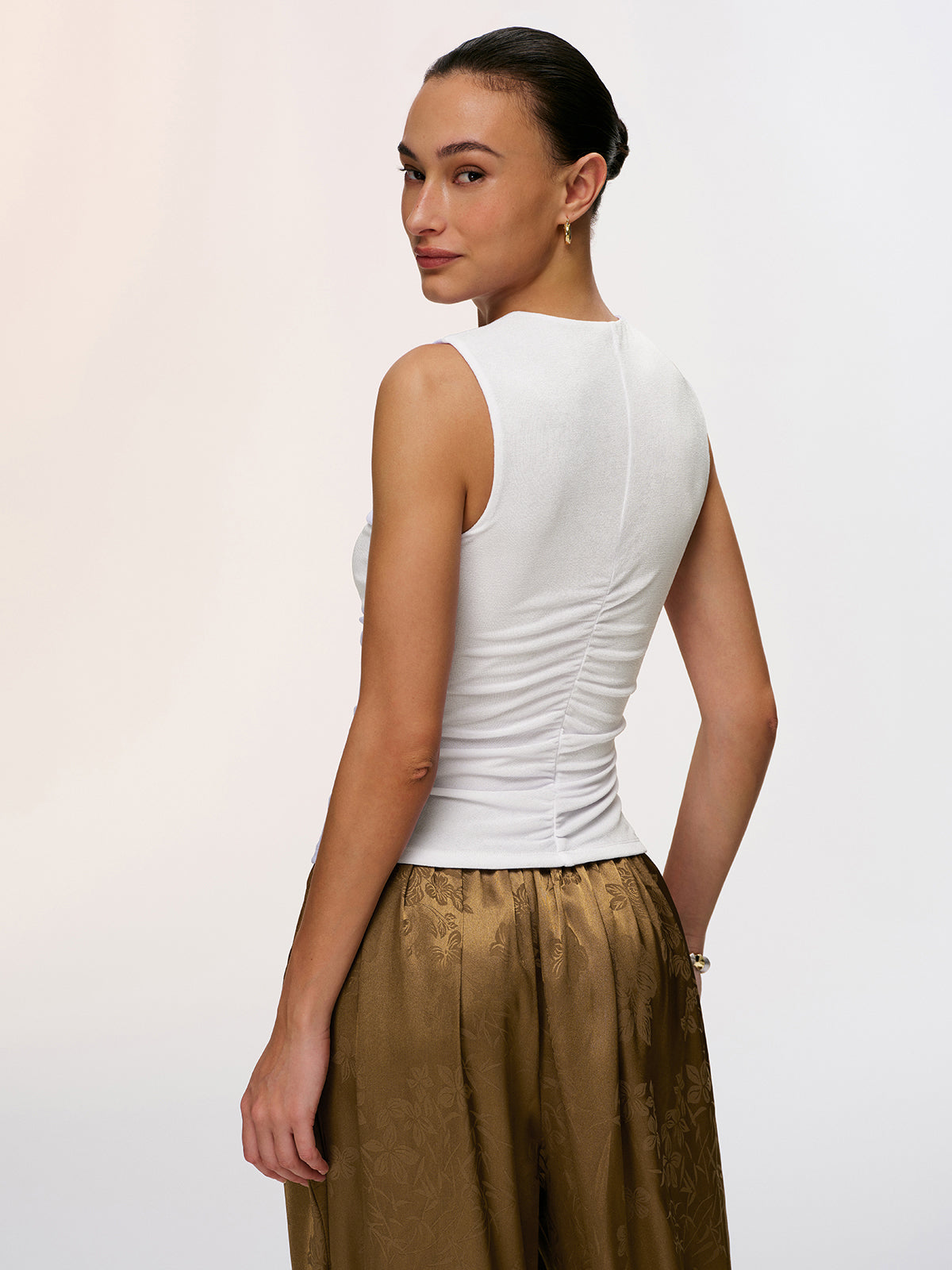 Metal Detail Cut-Out Sleeveless Ruched Top Trendy Women's Summer Fashion Blouse