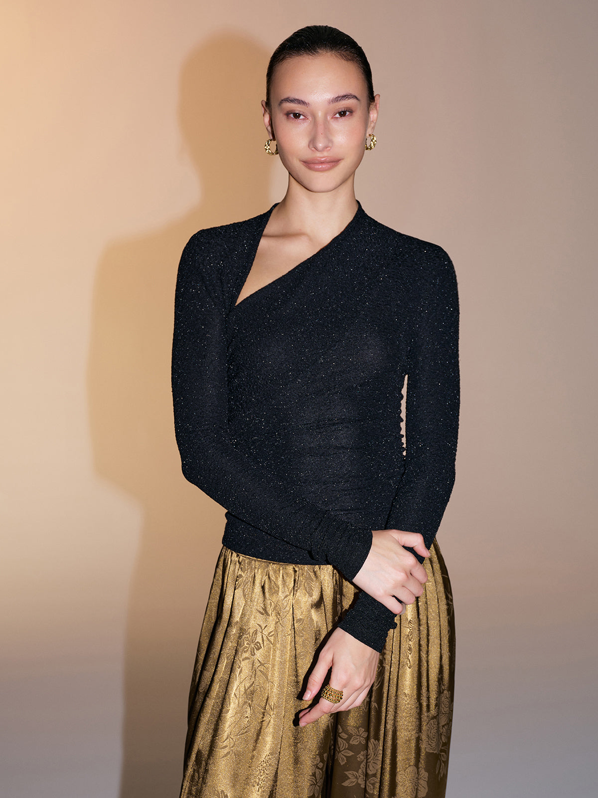 Asymmetric Neckline Sparkle Knit Top for Women Party Wear