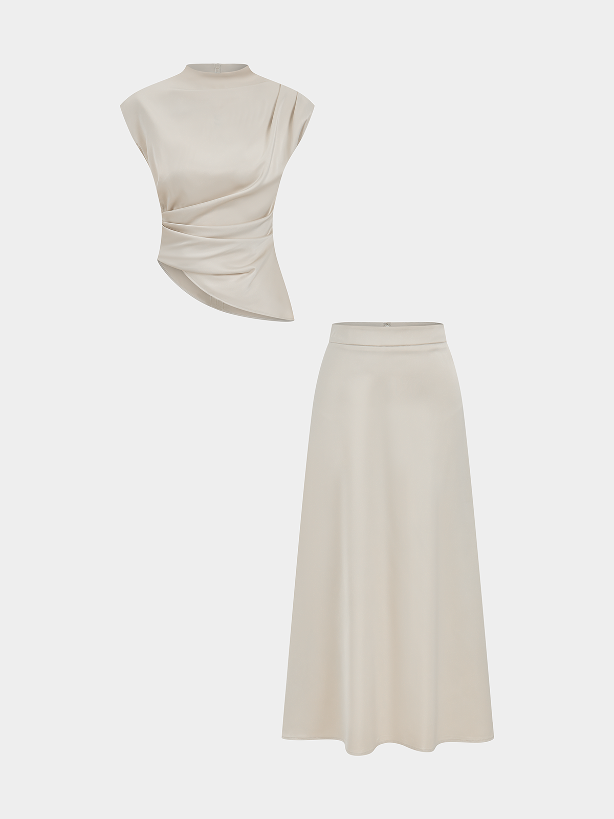 Satin Asymmetric Ruched Top & Midi Skirt Set for Evening Wear