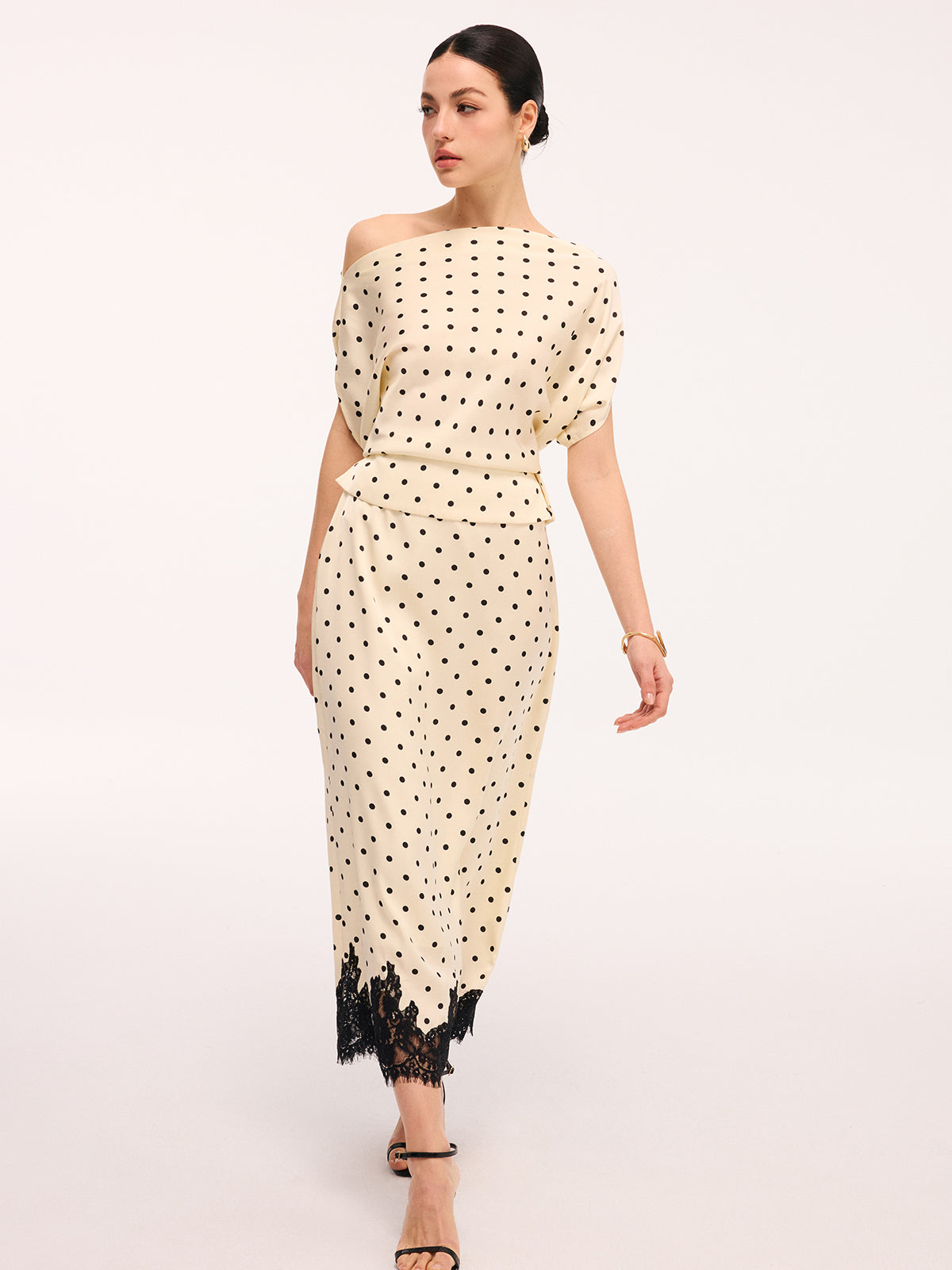 Polka Dot Top & Lace Trim Midi Skirt Set Classic Women's Outfit