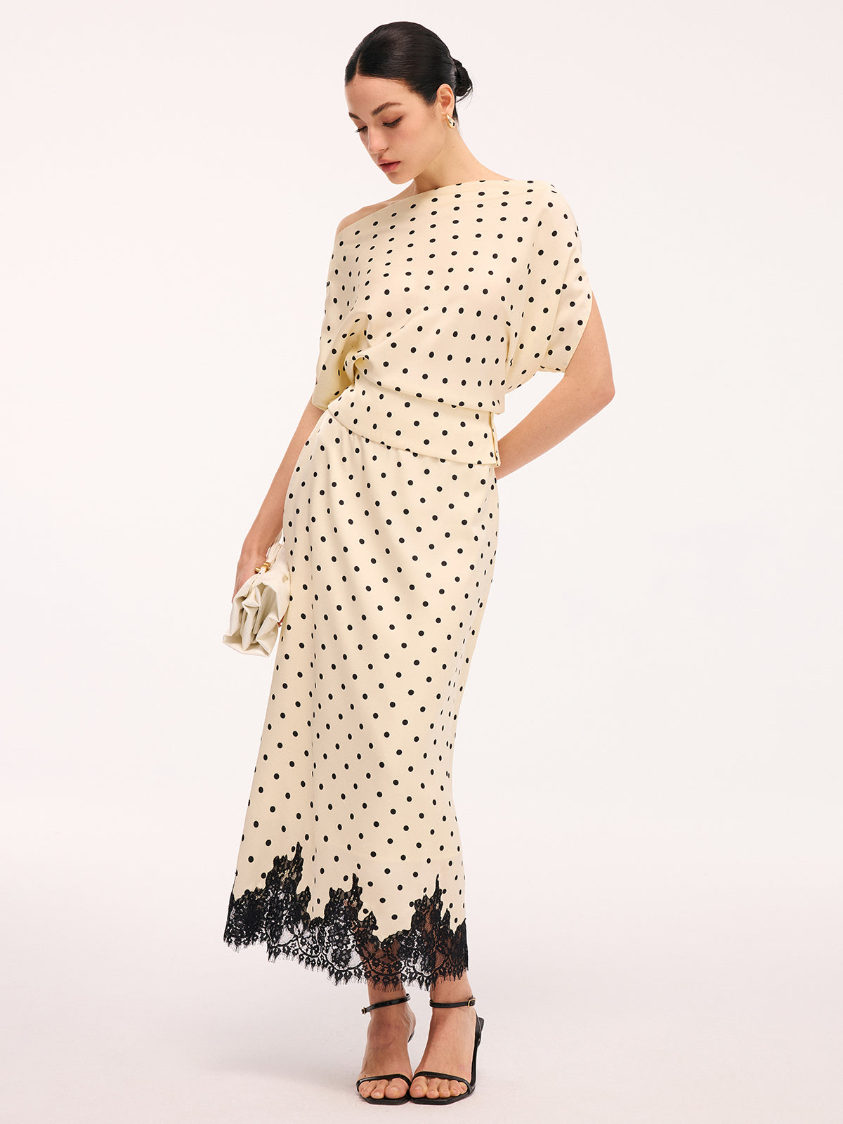 Polka Dot Top & Lace Trim Midi Skirt Set Classic Women's Outfit
