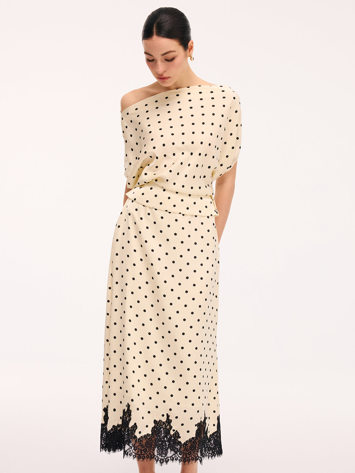 Polka Dot Top & Lace Trim Midi Skirt Set Classic Women's Outfit