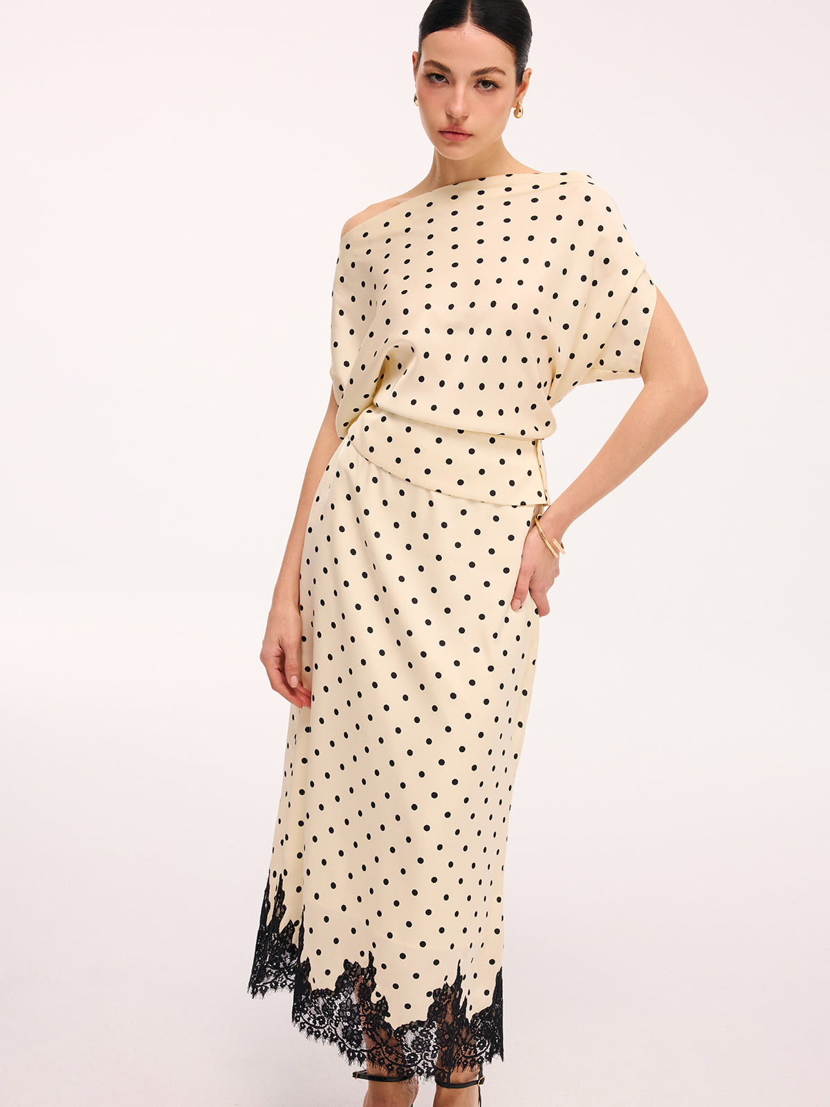 Polka Dot Top & Lace Trim Midi Skirt Set Classic Women's Outfit