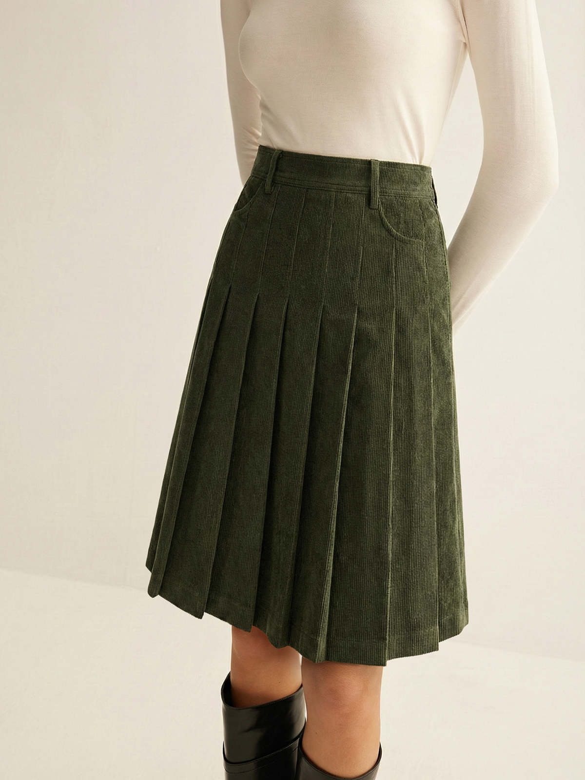 Pleated Corduroy Midi Skirt Women's Casual Fall Fashion