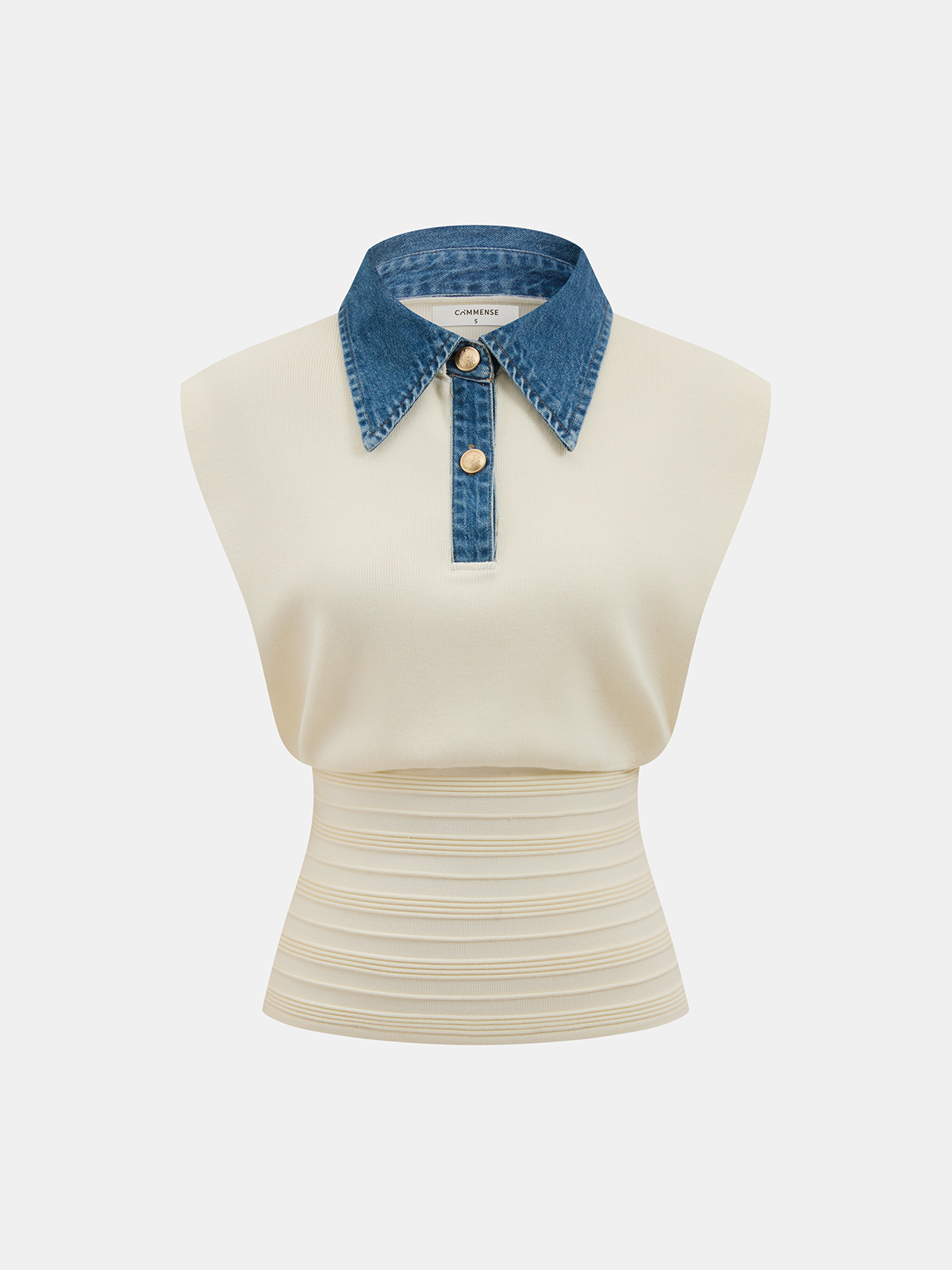 Denim Collar Sleeveless Cinched Waist Knit Top for Women, Casual Summer Fashion