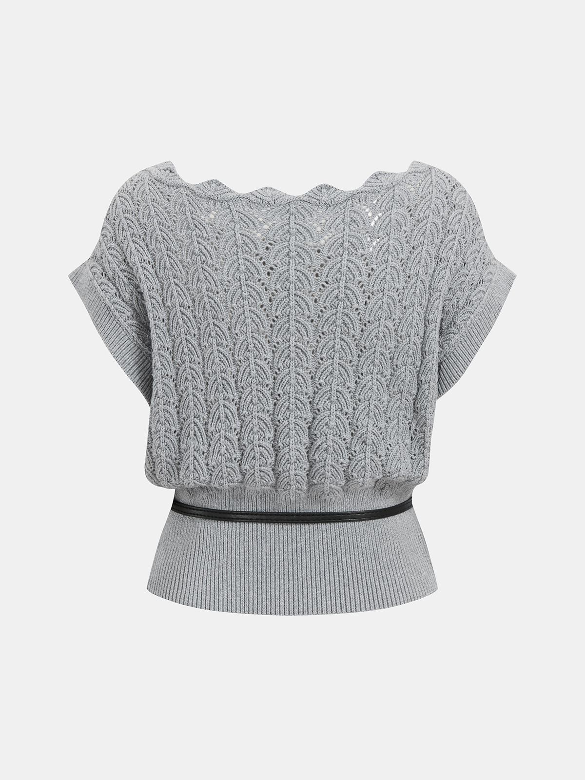 Scalloped Neck Belted Knit Top for Women Casual Wear