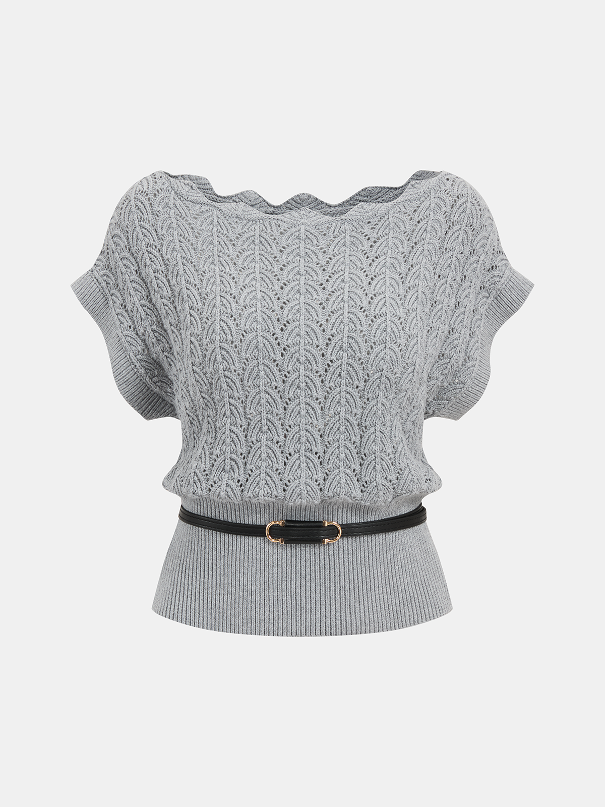 Scalloped Neck Belted Knit Top for Women Casual Wear