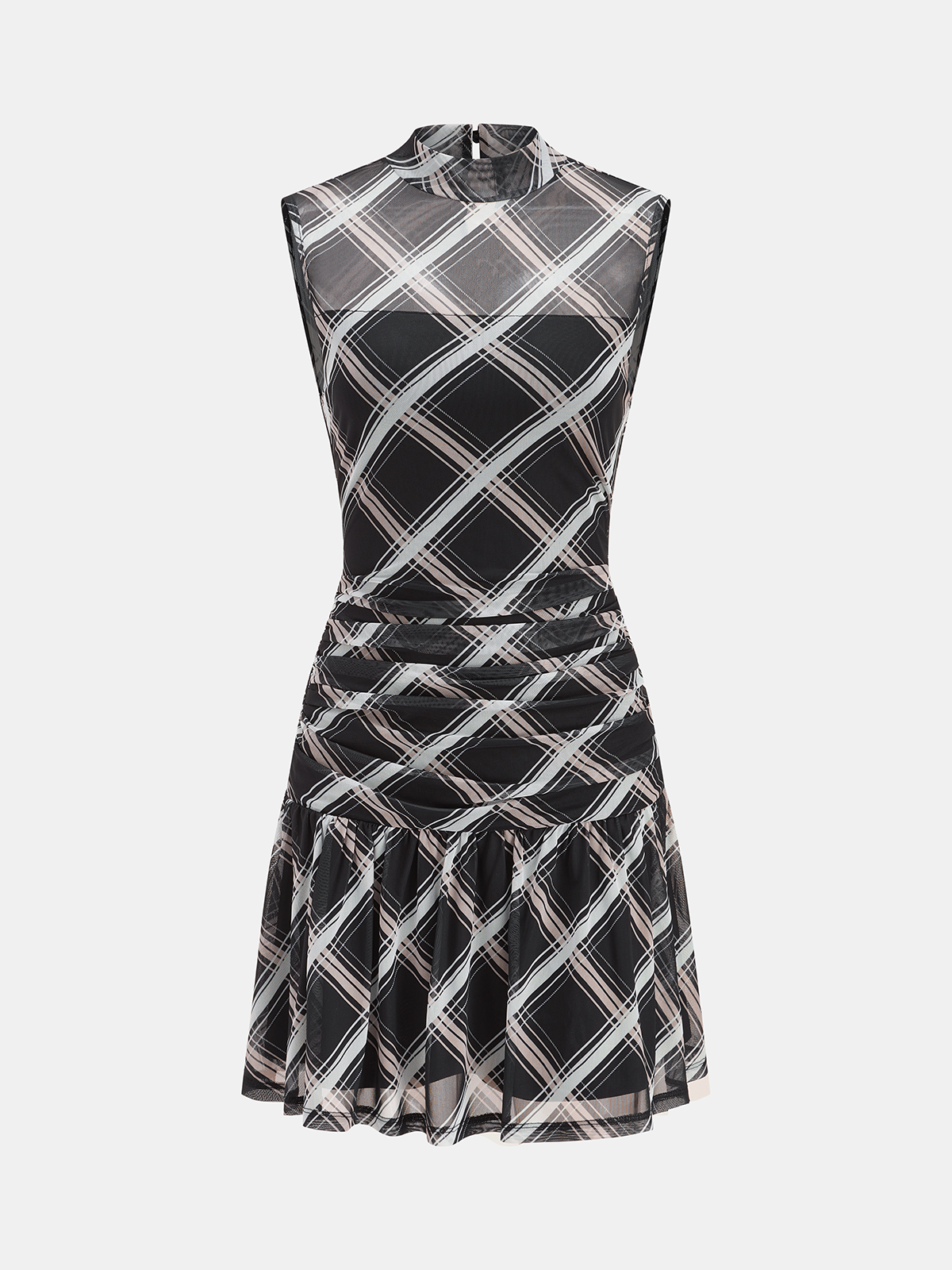 Mock Neck Ruffle Sheer Plaid Mini Dress for Women Casual Party