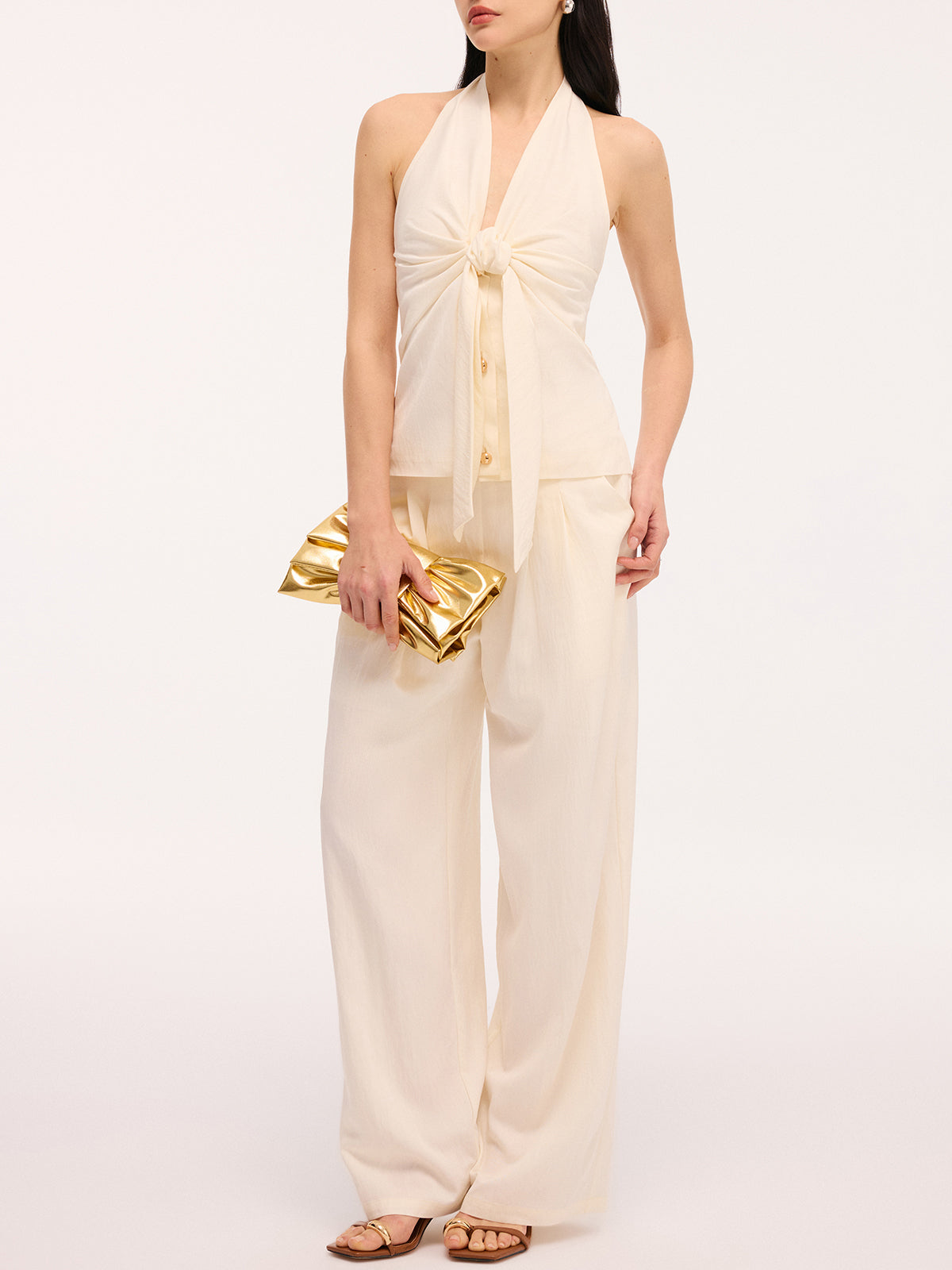 Bow Detail Halter Backless Top & High-Waist Pants Set for Women