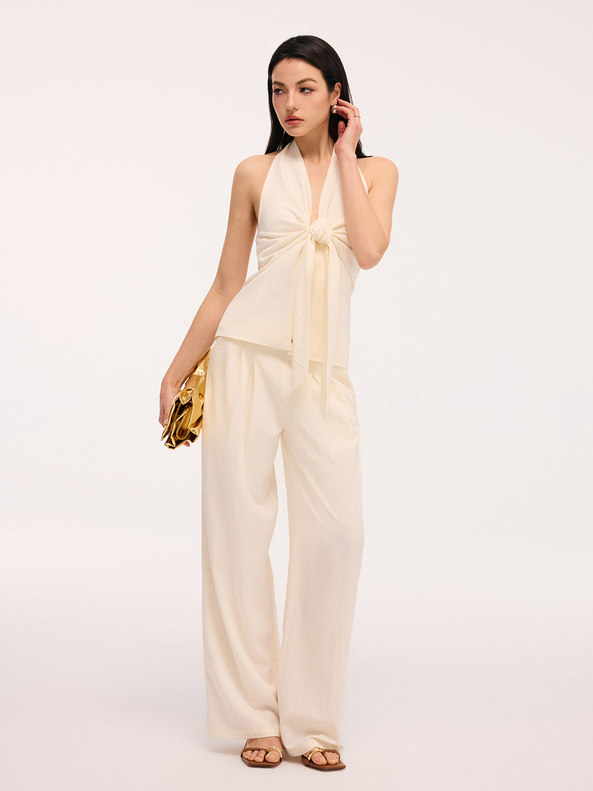 Bow Detail Halter Backless Top & High-Waist Pants Set for Women