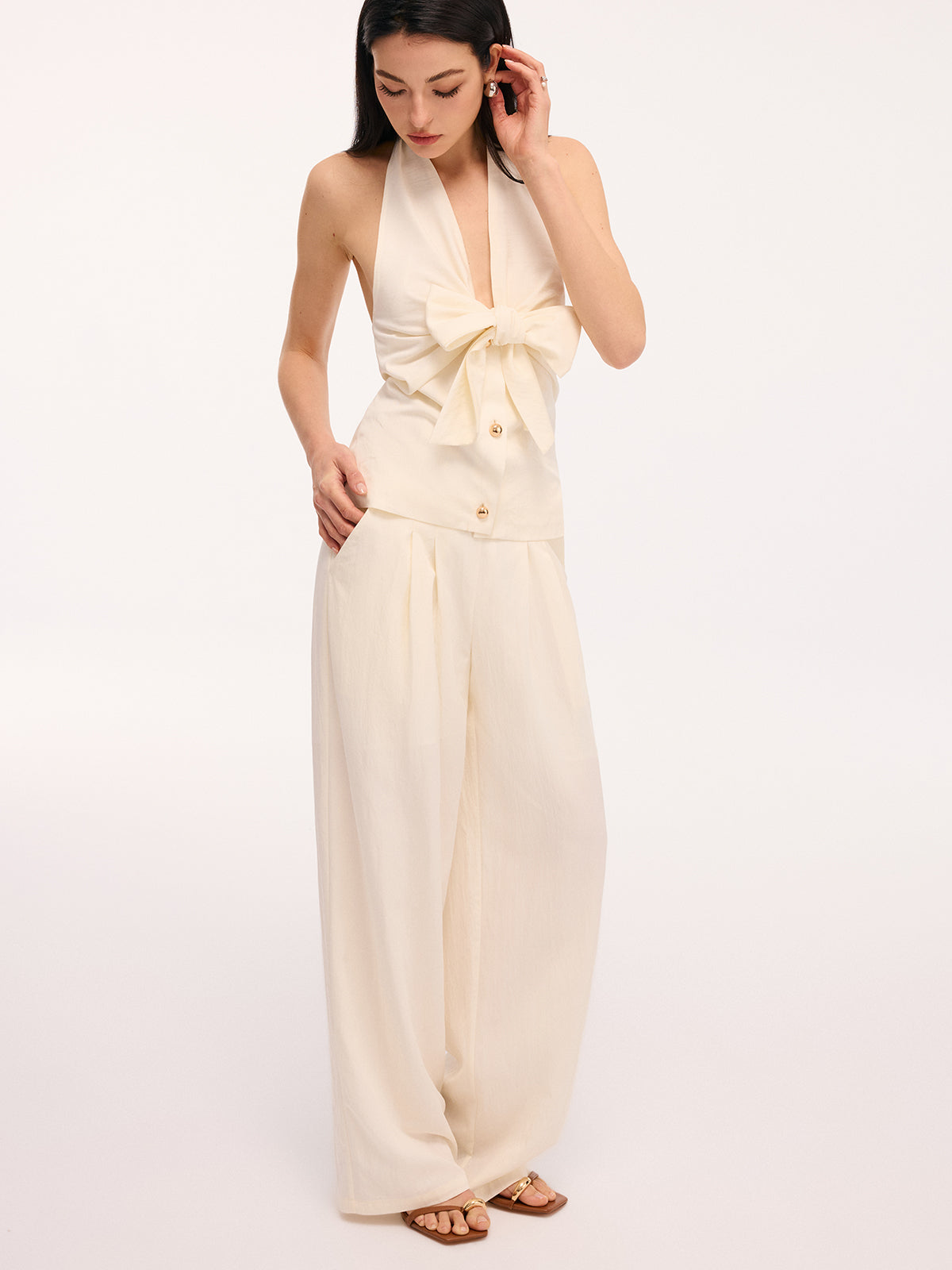 Bow Detail Halter Backless Top & High-Waist Pants Set for Women