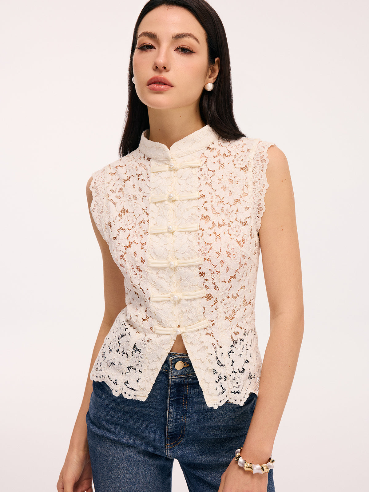 Lace Mandarin Collar Sleeveless Top Women's Elegant Pearl Button Blouse
