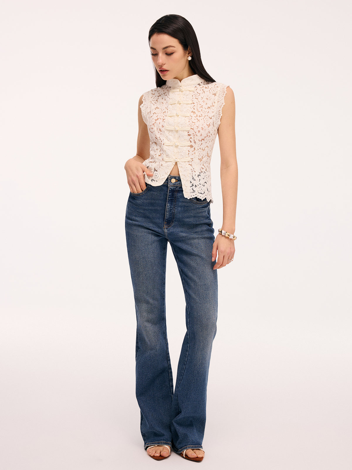 Lace Mandarin Collar Sleeveless Top Women's Elegant Pearl Button Blouse