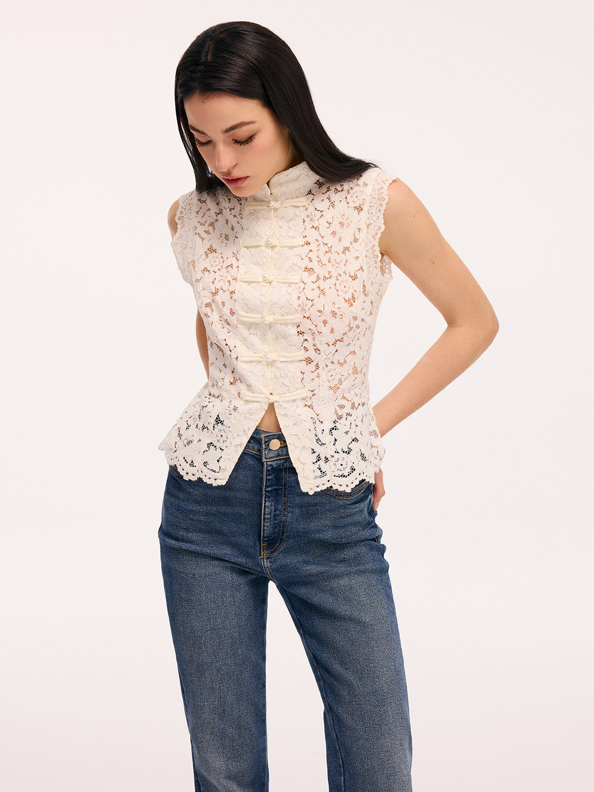 Lace Mandarin Collar Sleeveless Top Women's Elegant Pearl Button Blouse