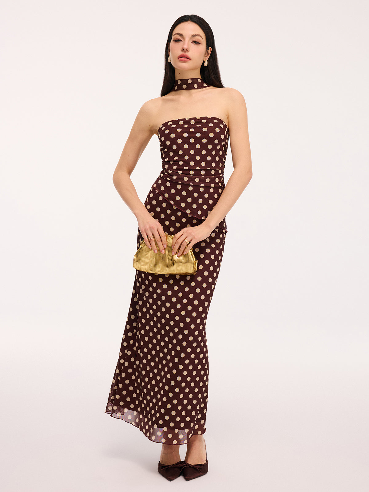 Polka Dot Ruched Scarf Top & Flowy Maxi Skirt Set for Women