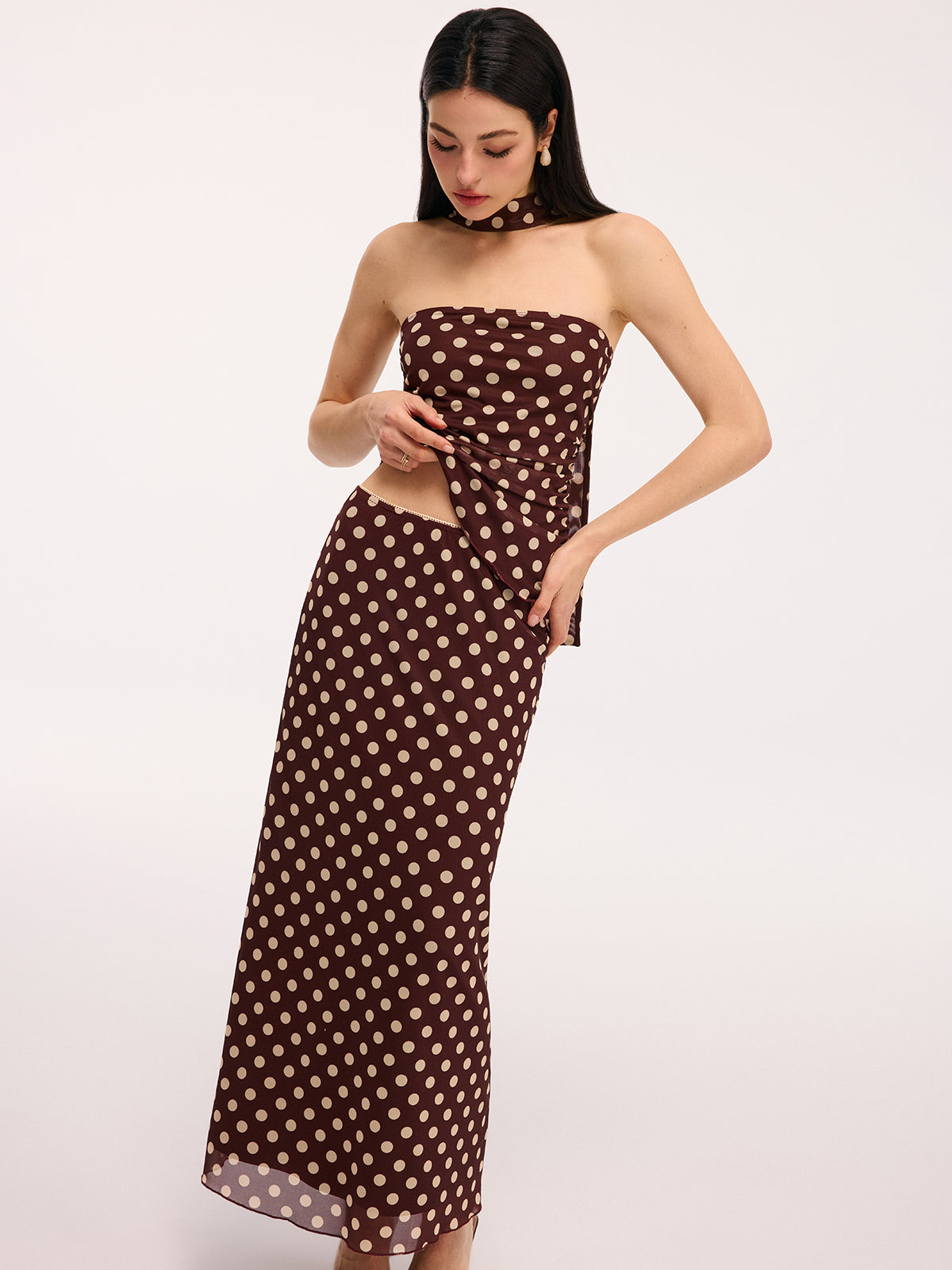 Polka Dot Ruched Scarf Top & Flowy Maxi Skirt Set for Women