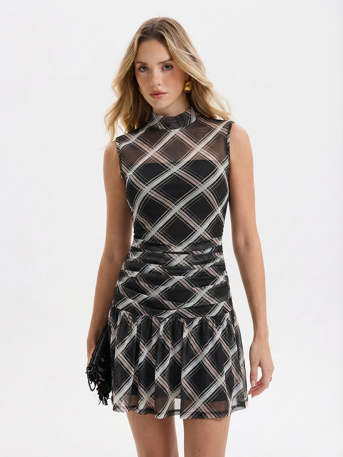 Mock Neck Ruffle Sheer Plaid Mini Dress for Women Casual Party
