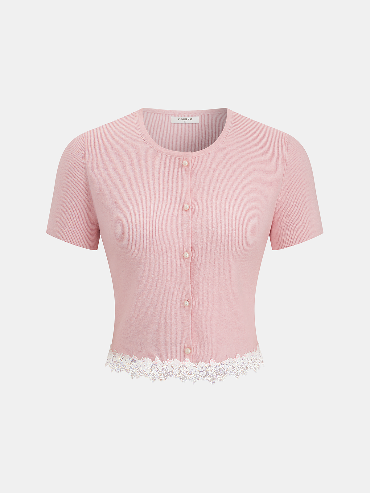 Light pink ribbed short sleeve cardigan with white lace hem and pearl-like buttons.