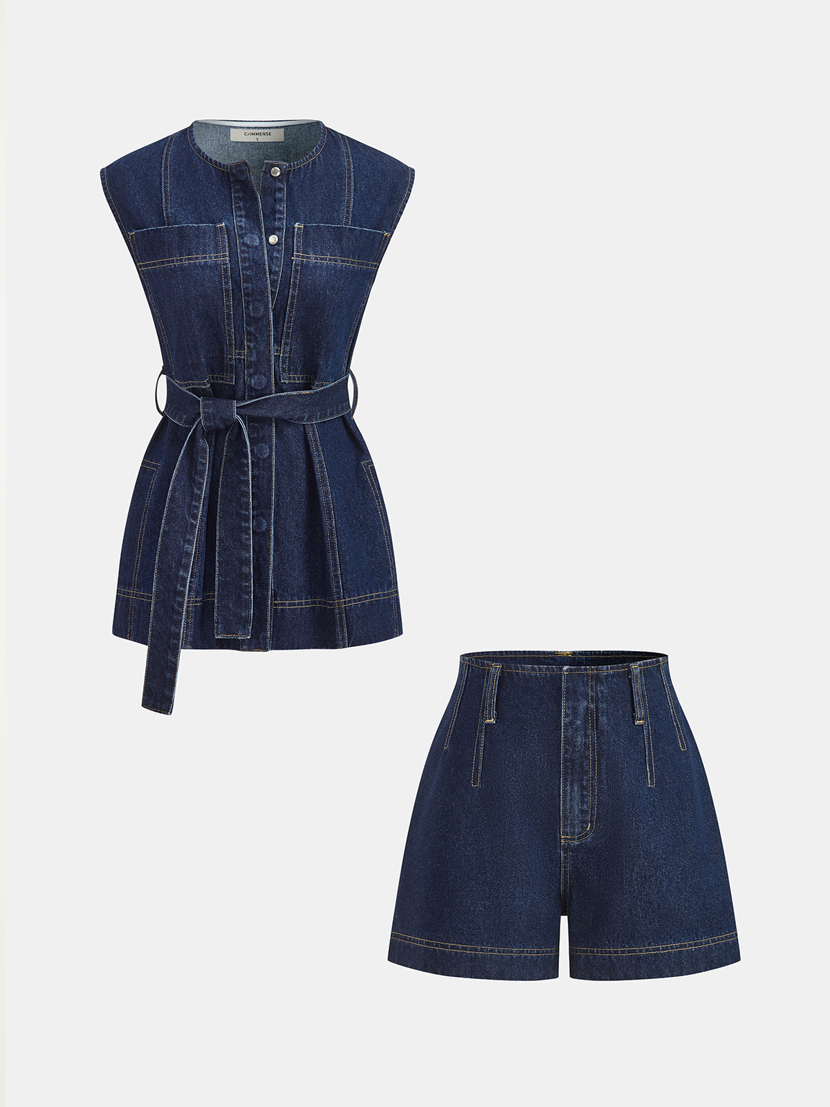 Belted Denim Sleeveless Vest & Shorts Set for Women Casual