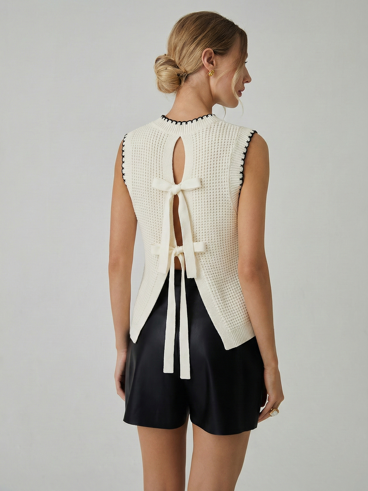 Bow Detail Waffle Knit Sleeveless Top for Women Summer Essential
