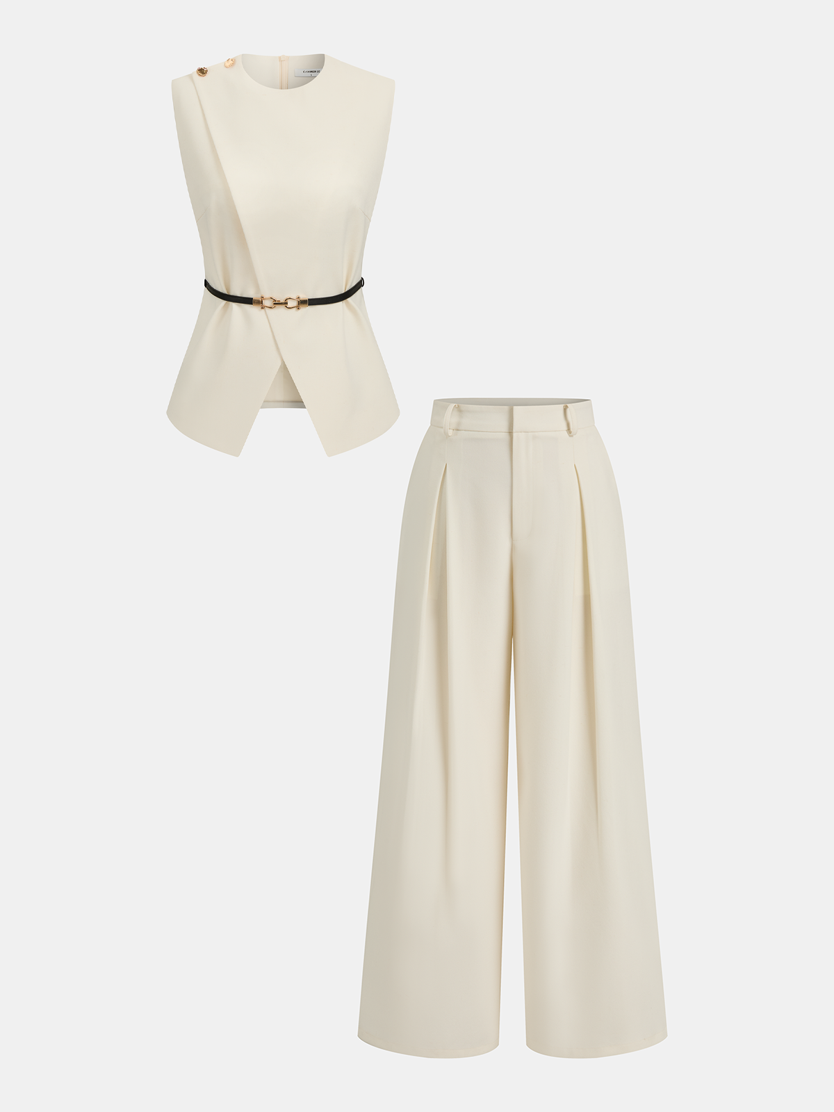 Sleeveless Belted Top & Pleated Pants Set with Improved Fit, Versatile Office Wear