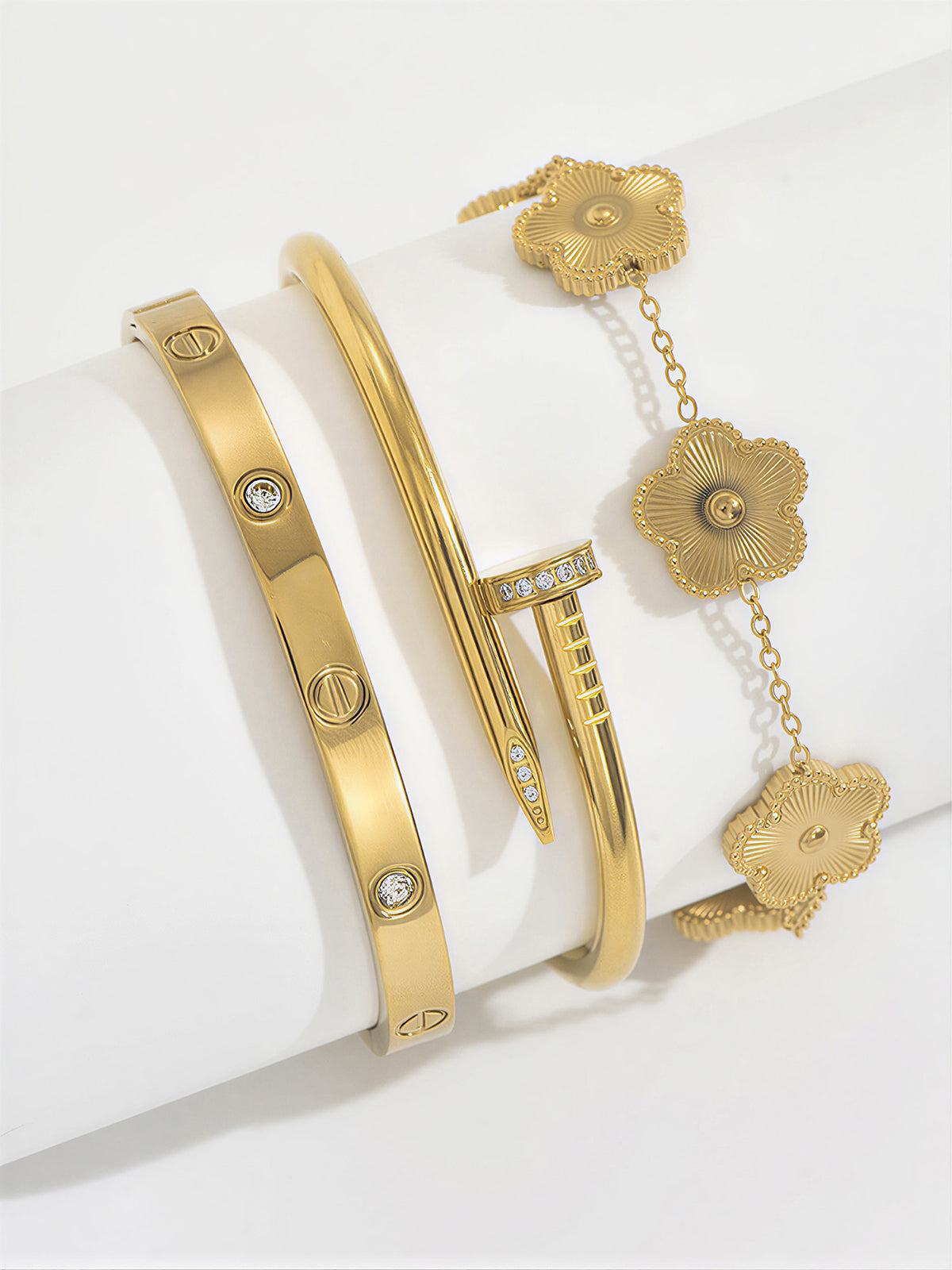 3pcs Screw & Nail & Clover Bracelet Set for Women, Trendy Mixed Design