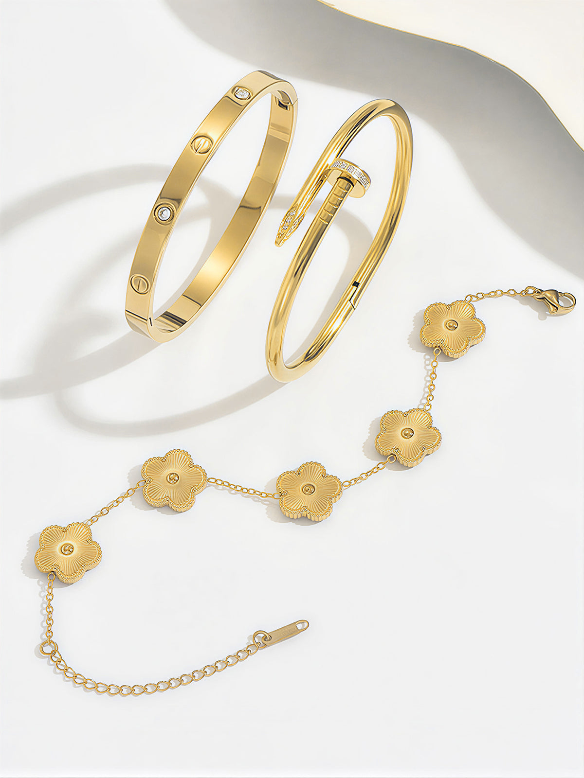 3pcs Screw & Nail & Clover Bracelet Set for Women, Trendy Mixed Design