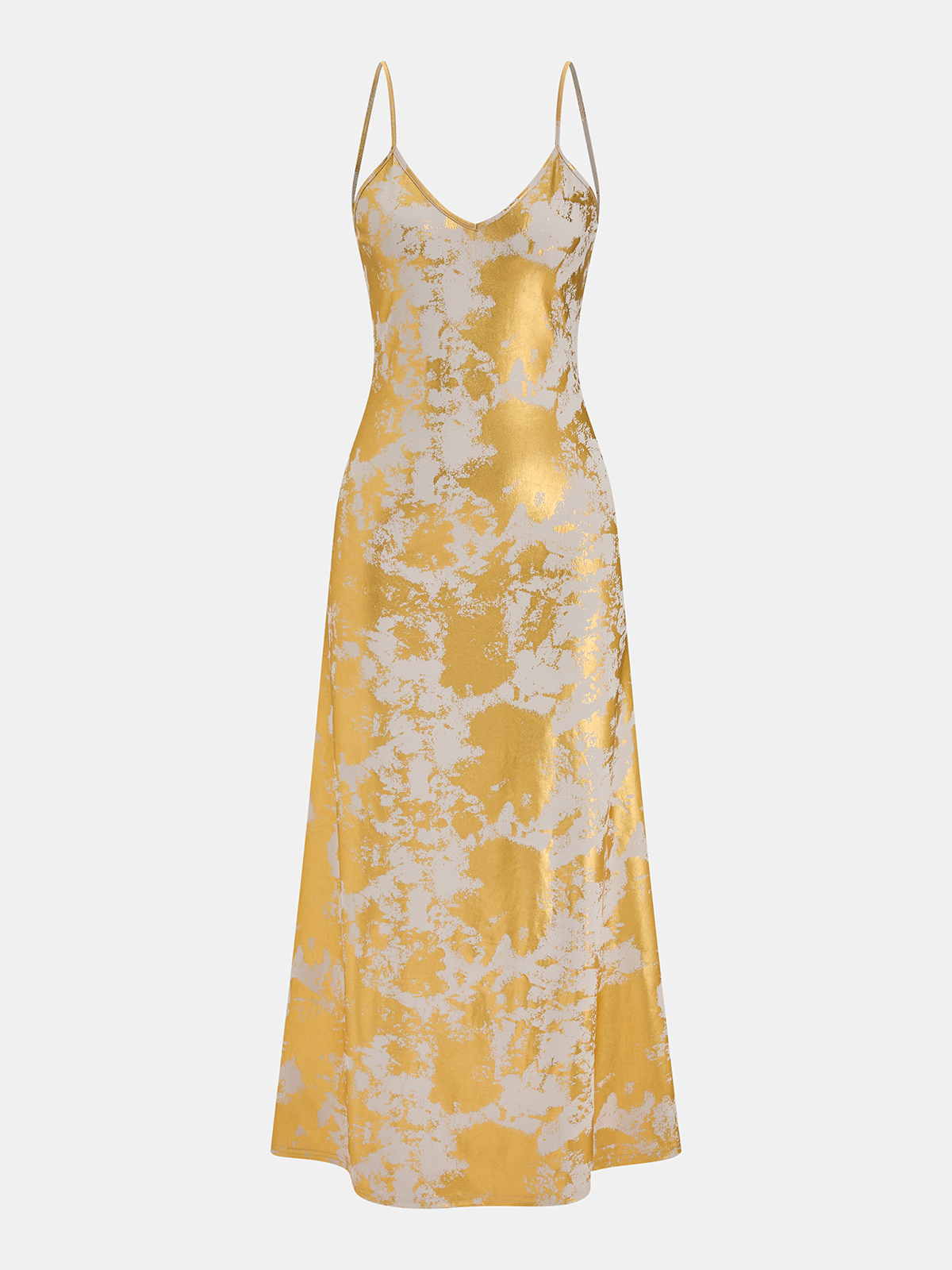 "Metallic Print V-Neck Backless Slip Long Dress Elegant Evening Gown"