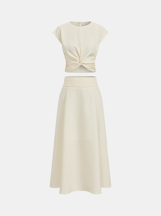 Twist-Front Crop Top & Midi Skirt Set, Stylish Comfortable Weekend Wear