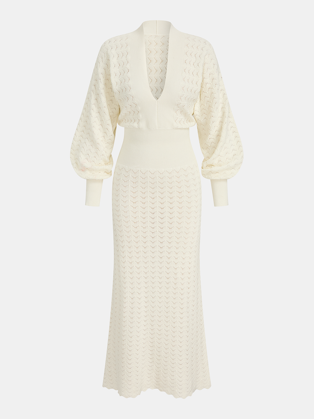 Bishop Sleeve Crochet Knit Maxi Dress for Women Elegant Full-Length