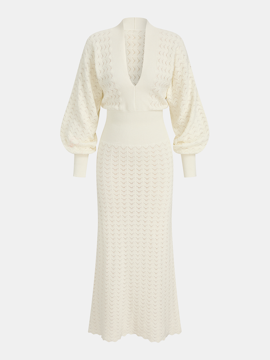 Bishop Sleeve Crochet Knit Maxi Dress for Women Elegant Full-Length