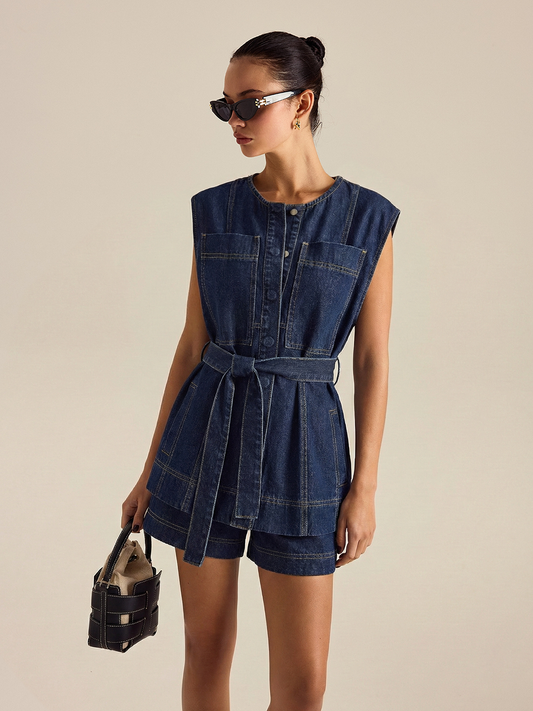 Belted Denim Sleeveless Vest & Shorts Set for Women Casual