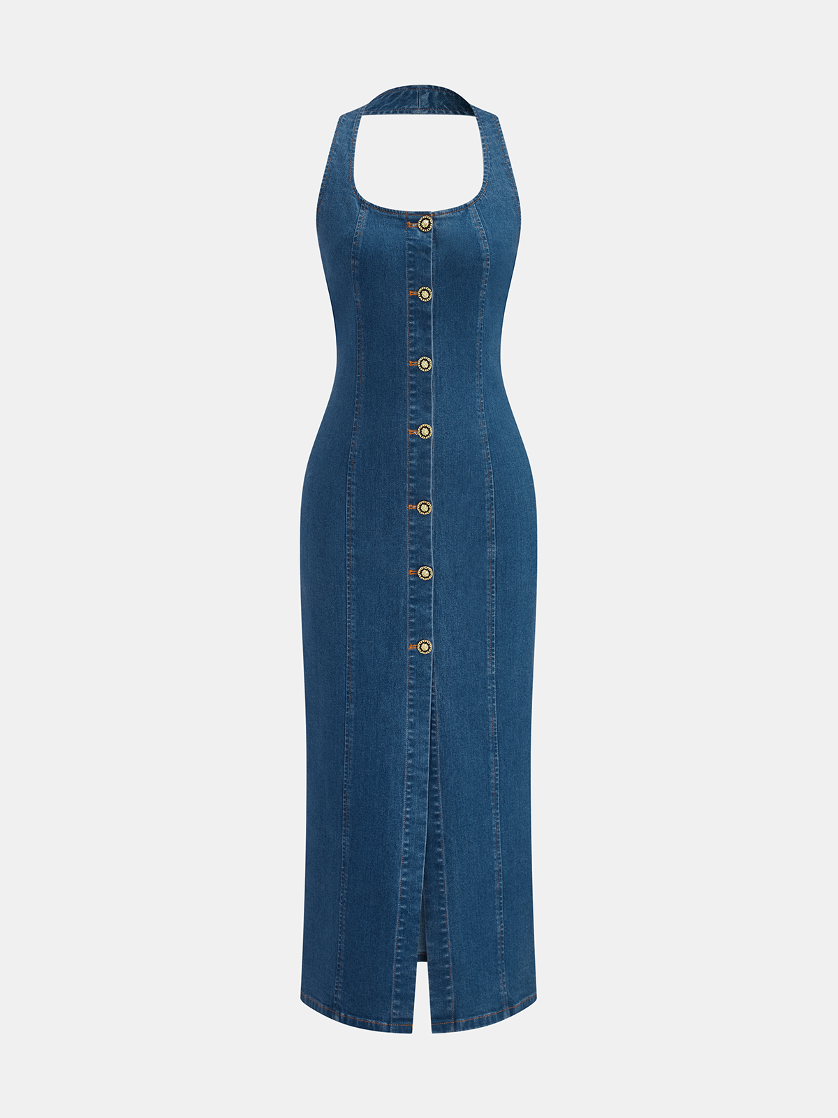Denim Halter Button Front Maxi Dress with Side Pockets and Belt