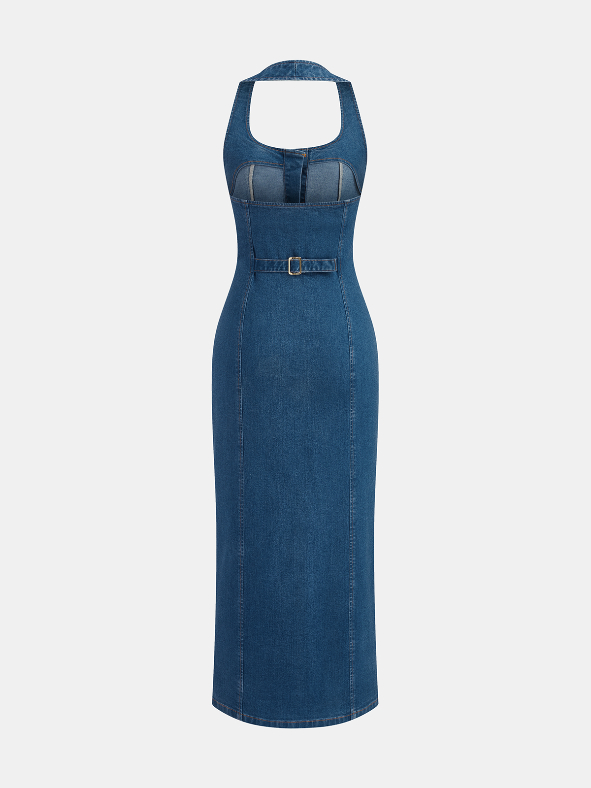 Denim Halter Button Front Maxi Dress with Side Pockets and Belt