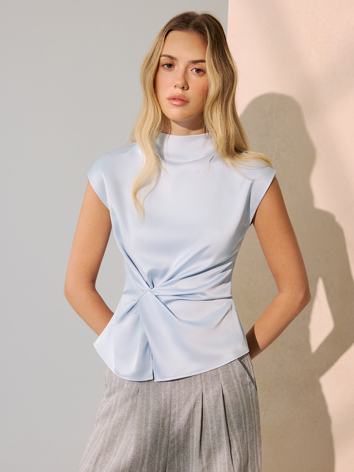 Twist-Front Satin Mock Neck Sleeveless Top for Women Elegant Fit