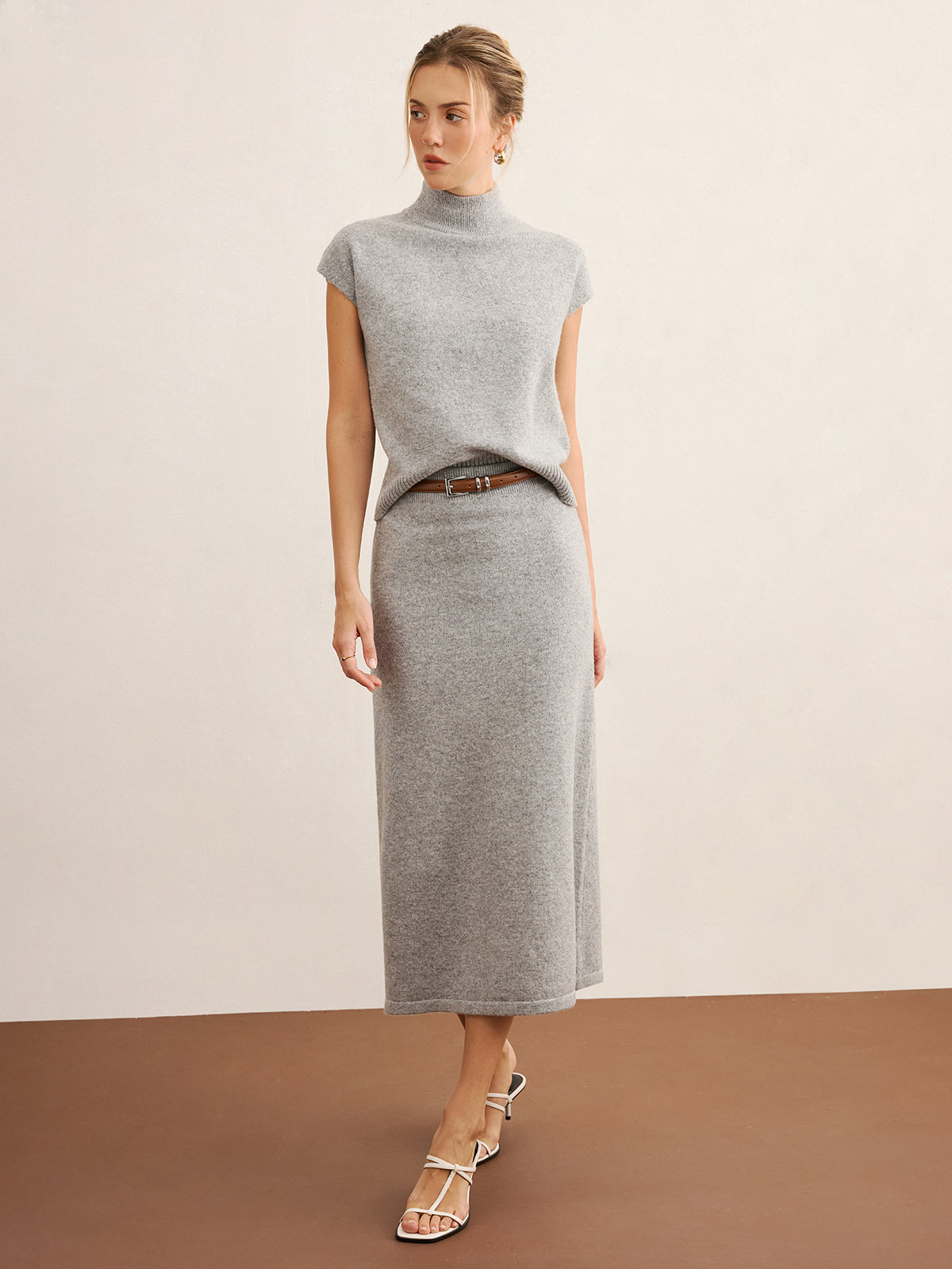 Mock Neck Knit Top & Midi Skirt Set without Belt, Comfortable Women's Fashion Essentials