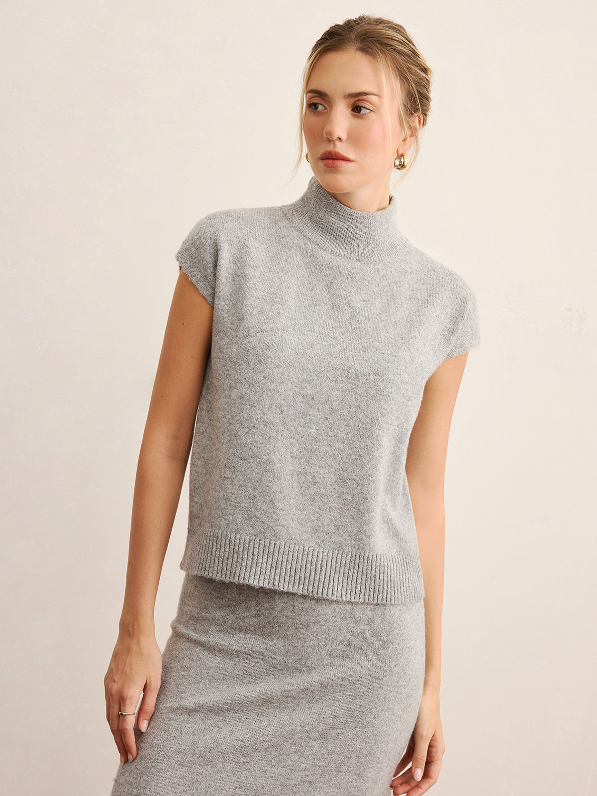 Mock Neck Knit Top & Midi Skirt Set without Belt, Comfortable Women's Fashion Essentials