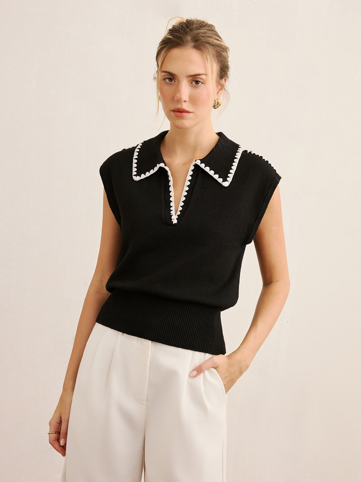 Contrast Trim Sleeveless Knit Polo Vest - Women's Casual Summer Top