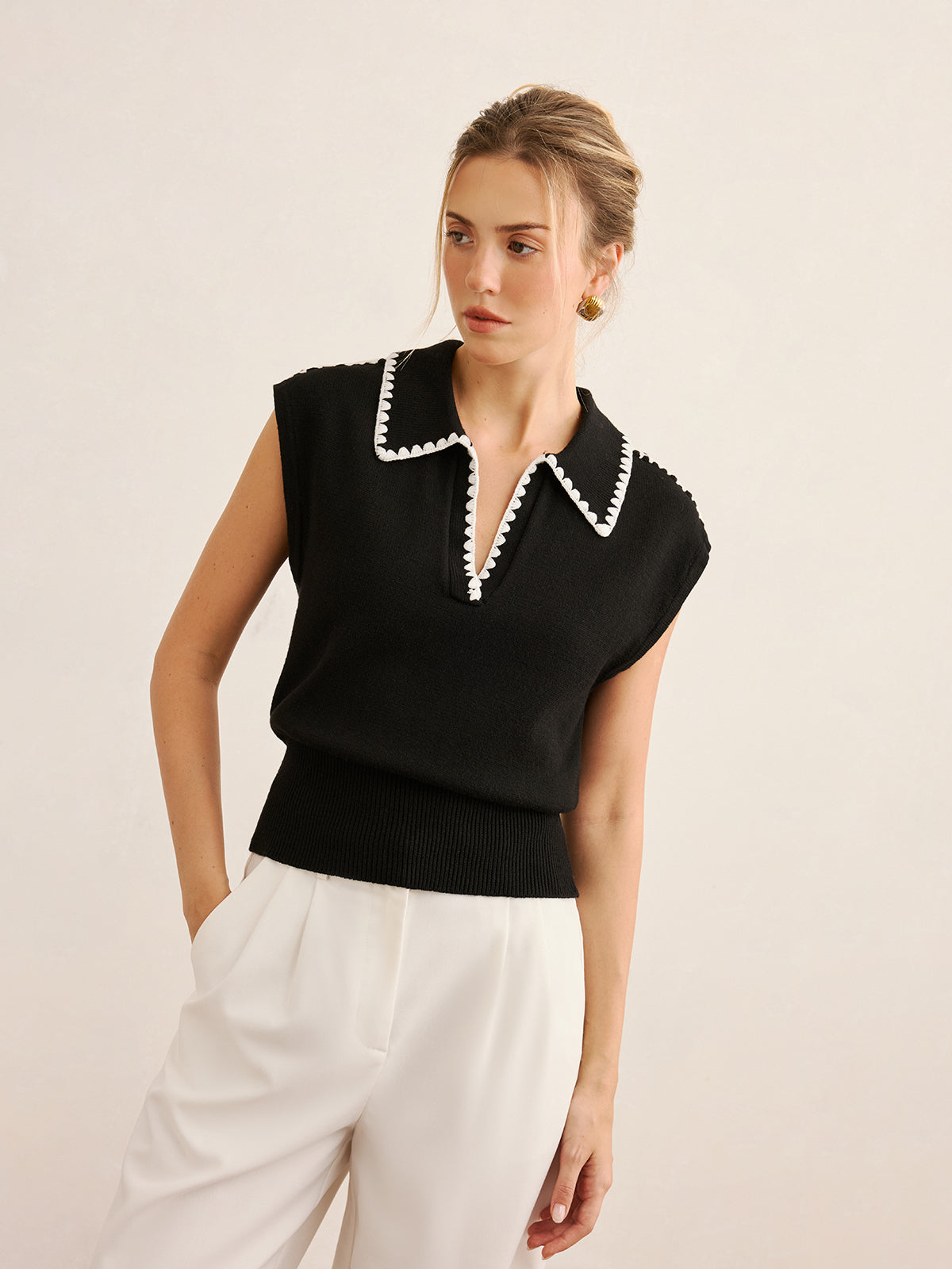 Contrast Trim Sleeveless Knit Polo Vest - Women's Casual Summer Top