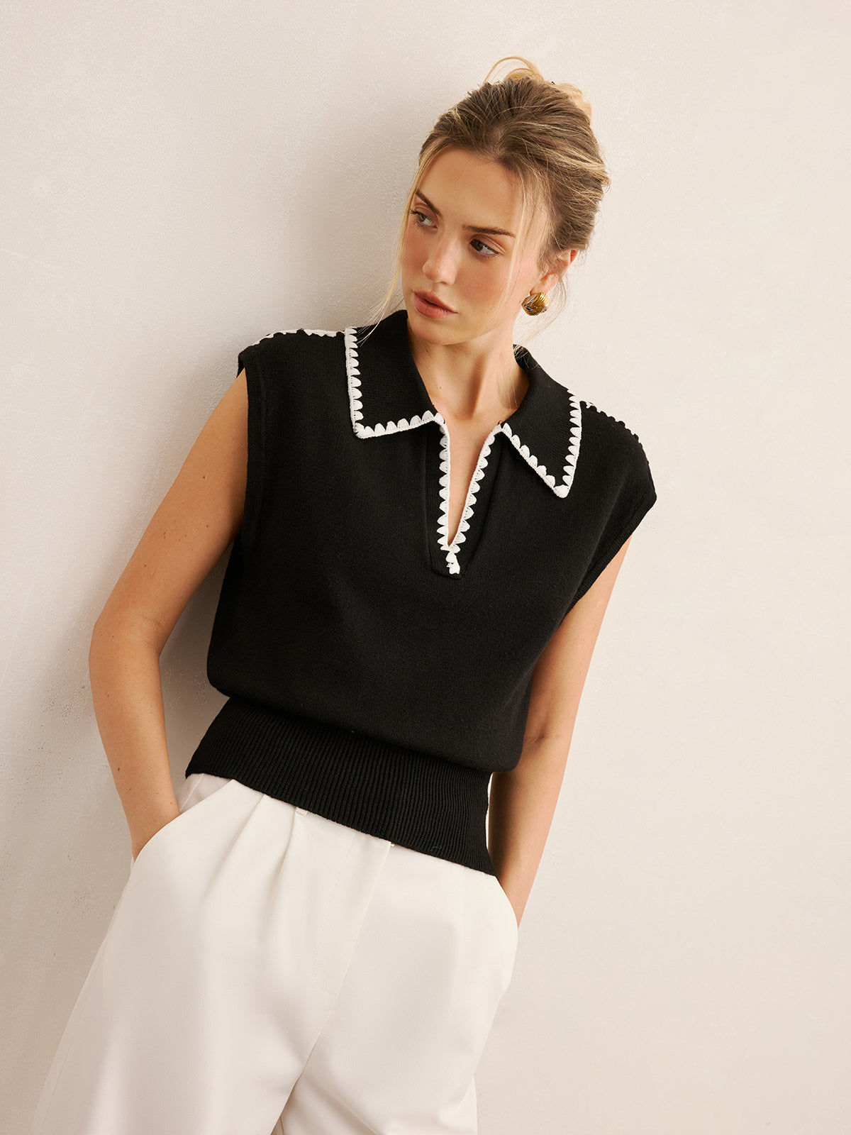 Contrast Trim Sleeveless Knit Polo Vest - Women's Casual Summer Top