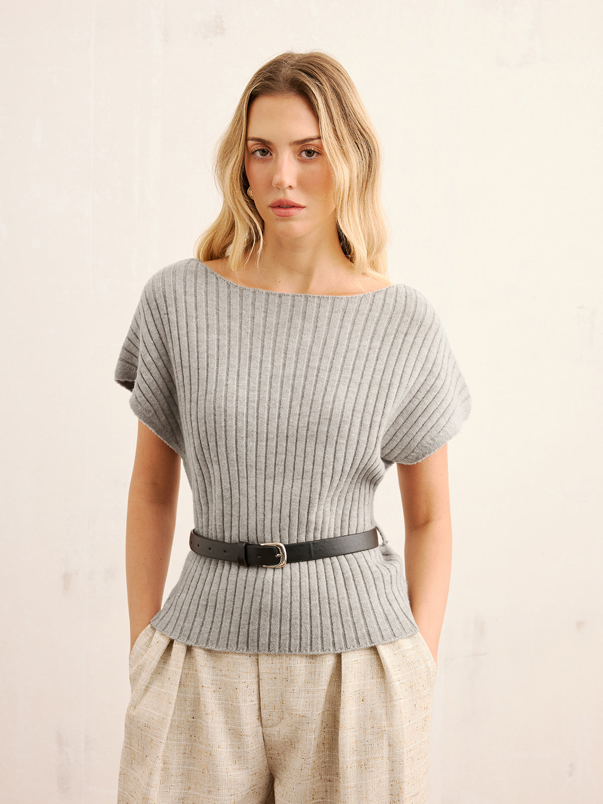 Belted Ribbed Knit Boat Neck Top for Women - Casual Long Sleeve Pullover