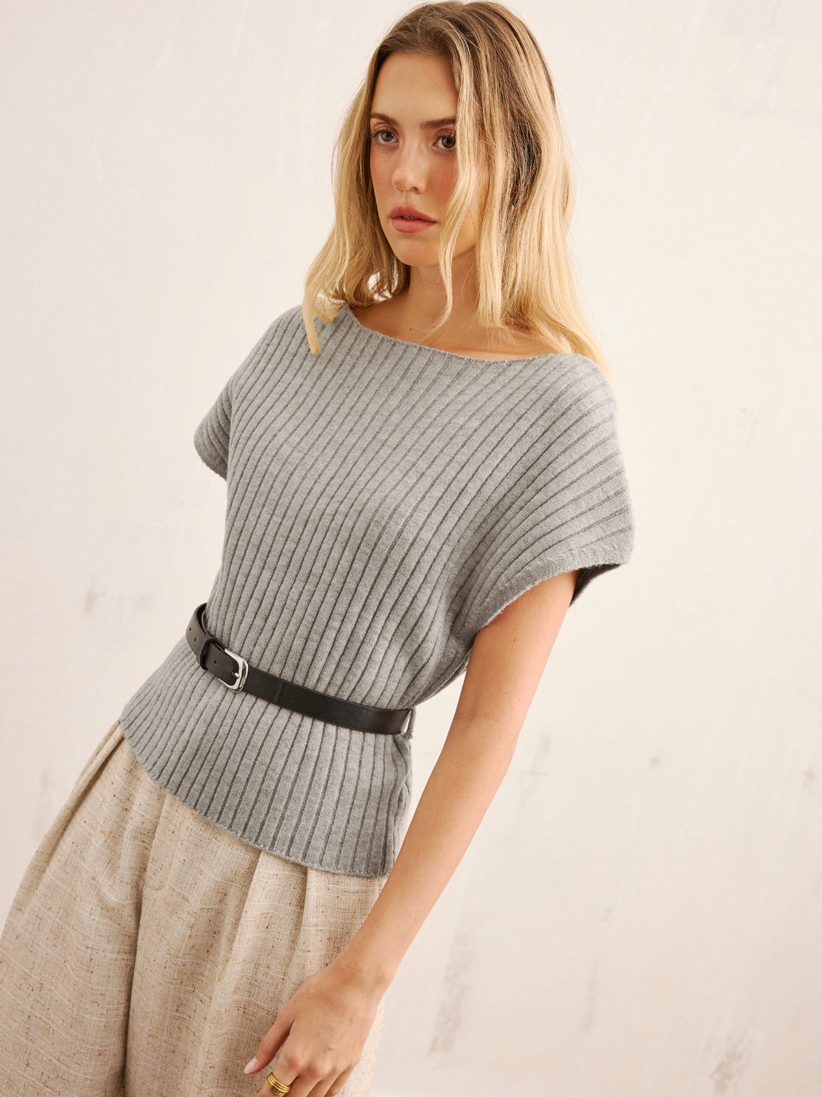 Belted Ribbed Knit Boat Neck Top for Women - Casual Long Sleeve Pullover