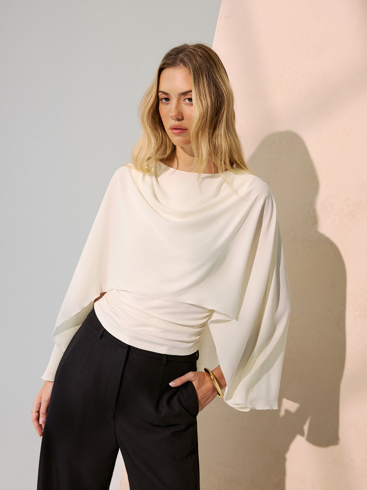 Backless Draped Cape-Sleeve Blouse Women's Elegant Evening Wear